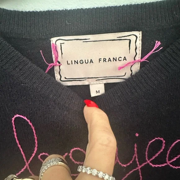 Lingua Franca Women's Black Sweater with Pink Embroidery - Picture 3 of 8